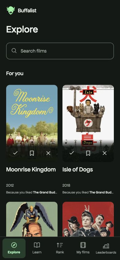 Film recommendations in Buffalist’s Explore tab.