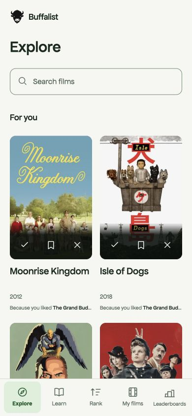 Film recommendations in Buffalist’s Explore tab.