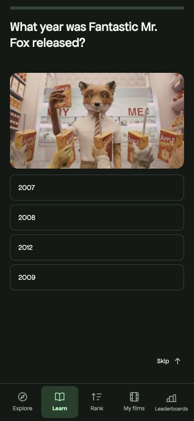 A film trivia question in Buffalist’s Learn tab.