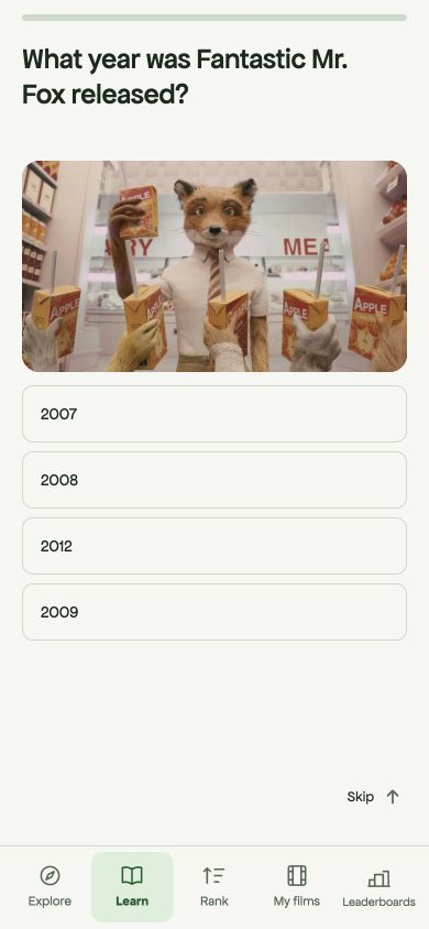 A film trivia question in Buffalist’s Learn tab.