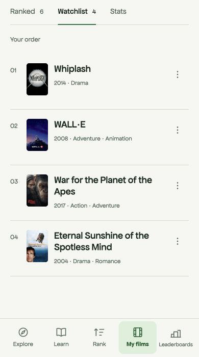 A watchlist in the Buffalist app, captured with example films.